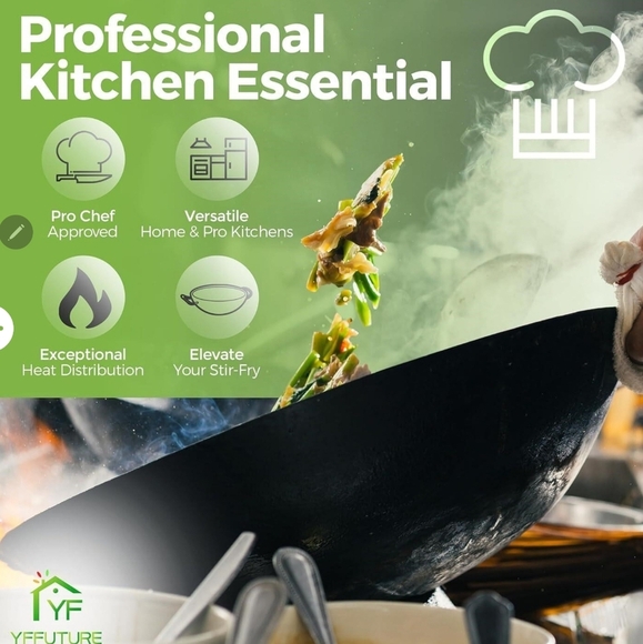 Brand New 14.2" Cast Iron Wok w/ Wood Lid | Pre-Seasoned | Flat Bottom | YFFutur - Picture 5 of 8